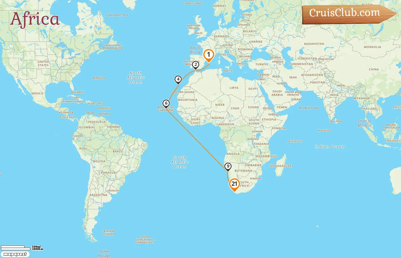 Cruise in the Africa from Palma to Cape Town aboard Mein Schiff 4 ship with visits to Spain, Gibraltar, Namibia, and South Africa for 21 days