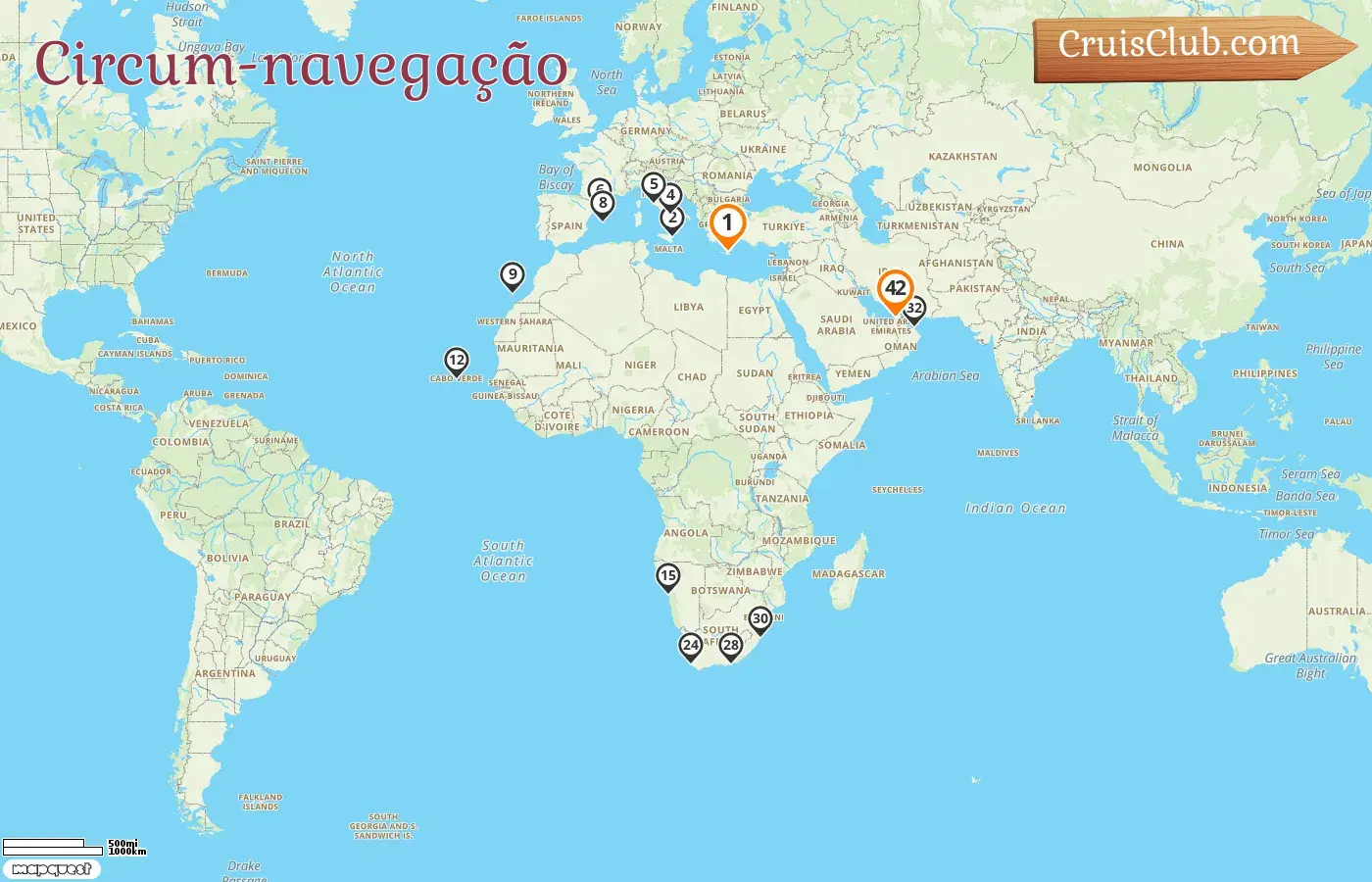 Cruzeiro da viagem mundial de Heraklion para Dubai a bordo do navio Mein Schiff 5 com visitas à Grécia, Itália, Espanha, Namíbia, África do Sul, Omã e Emirados Árabes Unidos por 42 dias