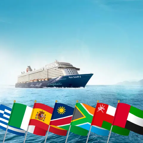 Cruzeiro da viagem mundial de Heraklion para Dubai a bordo do navio Mein Schiff 5 com visitas à Grécia, Itália, Espanha, Namíbia, África do Sul, Omã e Emirados Árabes Unidos por 42 dias