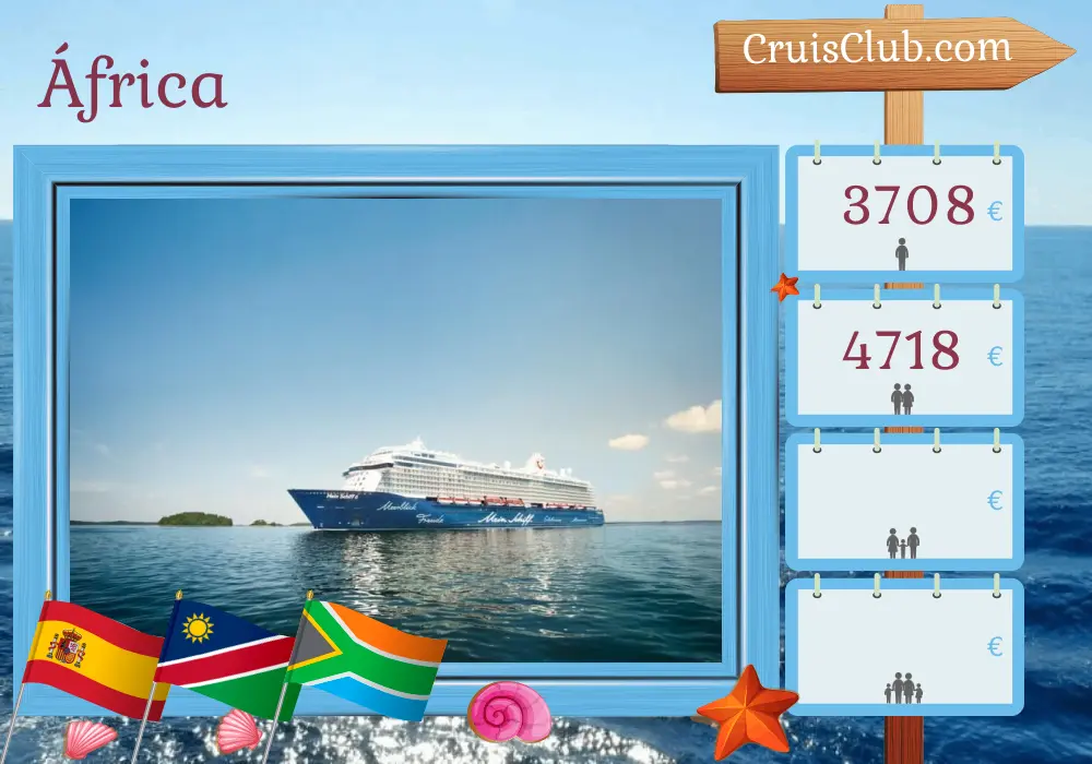 Cruzeiro na África de Santa Cruz de Tenerife a Cidade do Cabo a bordo do navio Mein Schiff 6 com visitas à Espanha, Namíbia e África do Sul por 19 dias