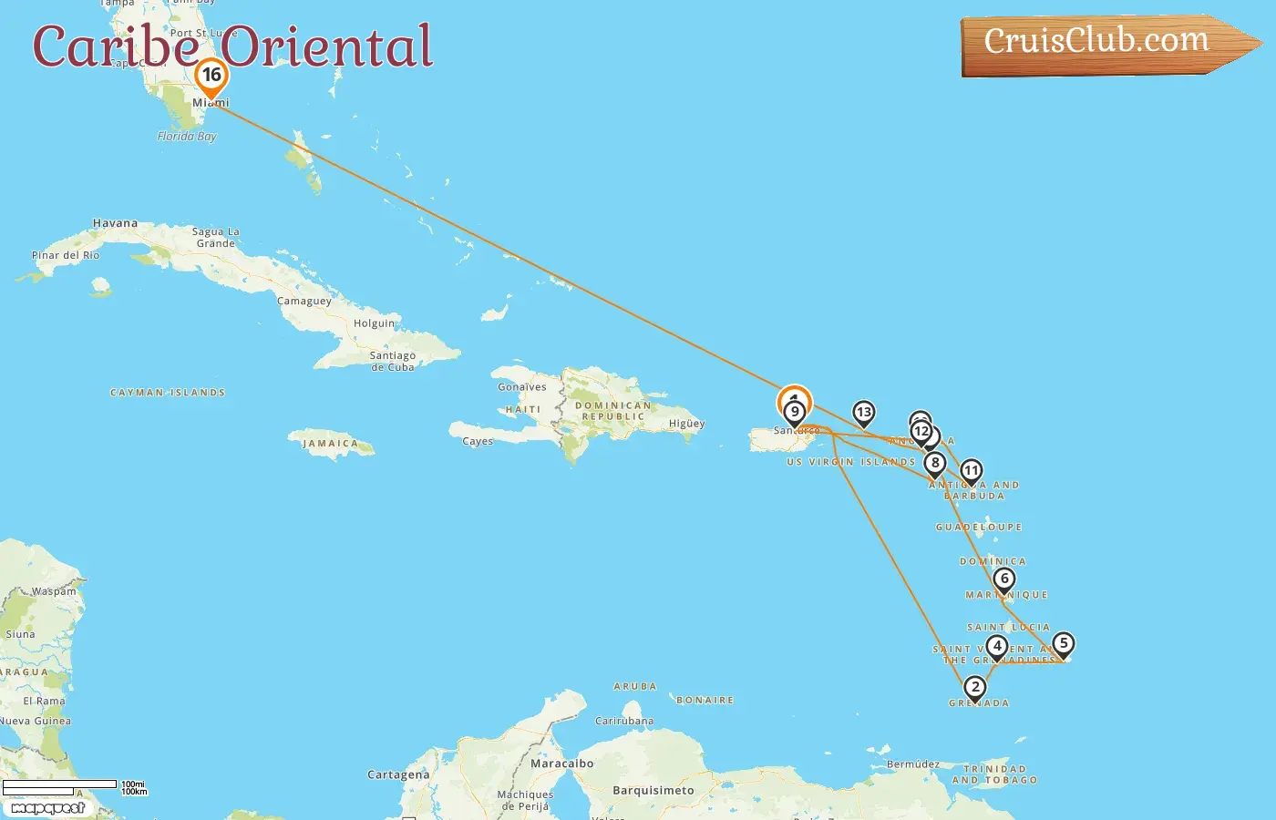 Crucero por el Caribe Oriental de Saint John a Miami a bordo del barco EXPLORA II con visitas a Puerto Rico, Granada, San Vicente y las Granadinas, Barbados, San Bartolomé, Islas Vírgenes Británicas y EE. UU. durante 16 días