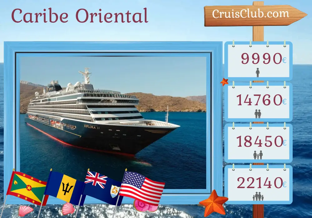 Cruzeiro no Caribe Oriental de Saint John para Miami a bordo do navio EXPLORA II com visitas a Porto Rico, Granada, São Vicente e Granadinas, Barbados, São Bartolomeu, Ilhas Virgens Britânicas e Estados Unidos por 16 dias