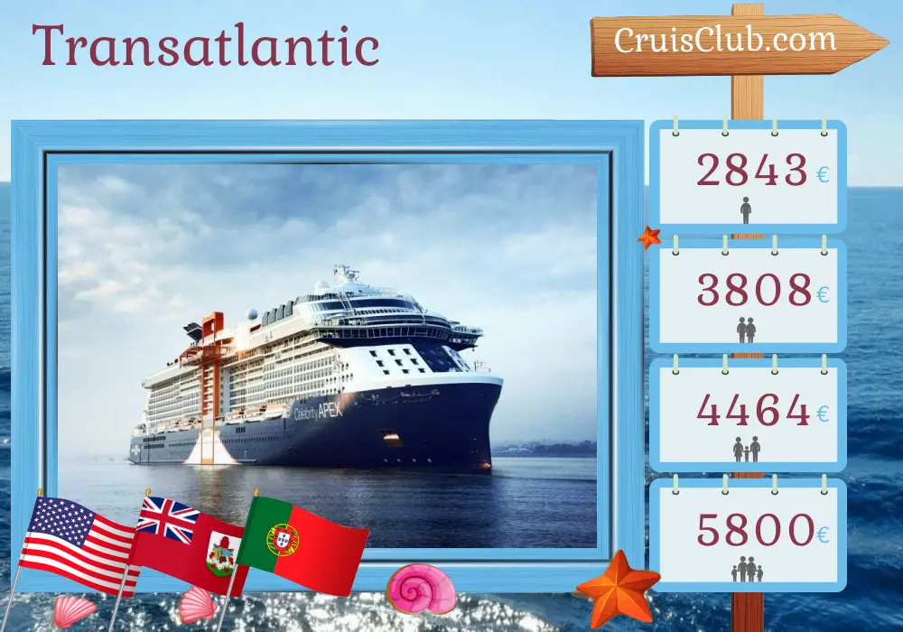 Cruise in the Transatlantic from Port Canaveral / Orlando to Southampton aboard Celebrity Apex ship with visits to USA, Bermuda, and Portugal for 14 days