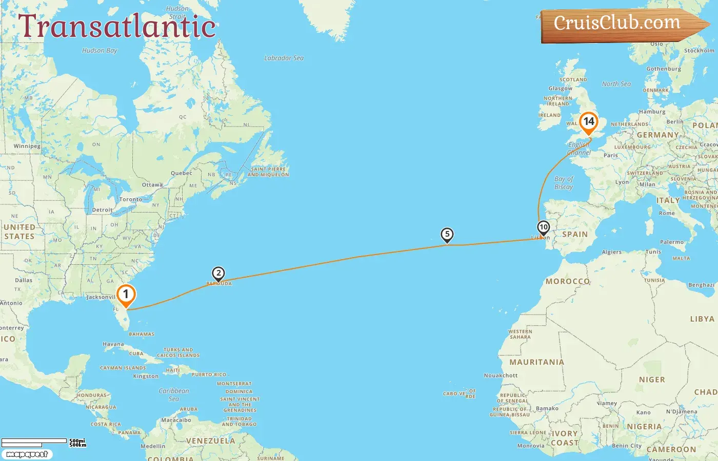 Cruise in the Transatlantic from Port Canaveral / Orlando to Southampton aboard Celebrity Apex ship with visits to USA, Bermuda, and Portugal for 14 days