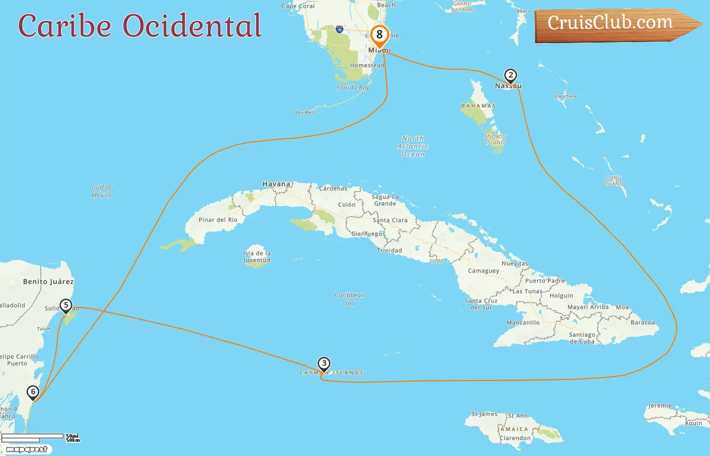 Cruzeiro no Caribe Ocidental partindo de Miami a bordo do navio Celebrity Xcel com visitas aos EUA, Bahamas, Ilhas Cayman e México por 8 dias