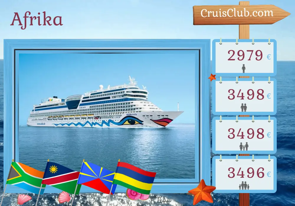 Kreuzfahrt in Afrika von Kapstadt nach Port Louis an Bord des Schiffes AIDAstella mit Besuchen in Südafrika, Namibia, Réunion und Mauritius für 21 Tage