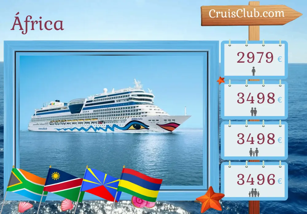 Cruzeiro na África de Cape Town a Port Louis a bordo do navio AIDAstella com visitas à África do Sul, Namíbia, Reunião e Maurícia por 21 dias