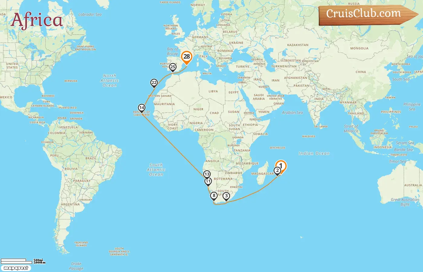 Cruise in the Africa from Port Louis to Palma aboard AIDAstella ship with visits to Mauritius, Réunion, South Africa, Namibia, Spain, and Gibraltar for 28 days