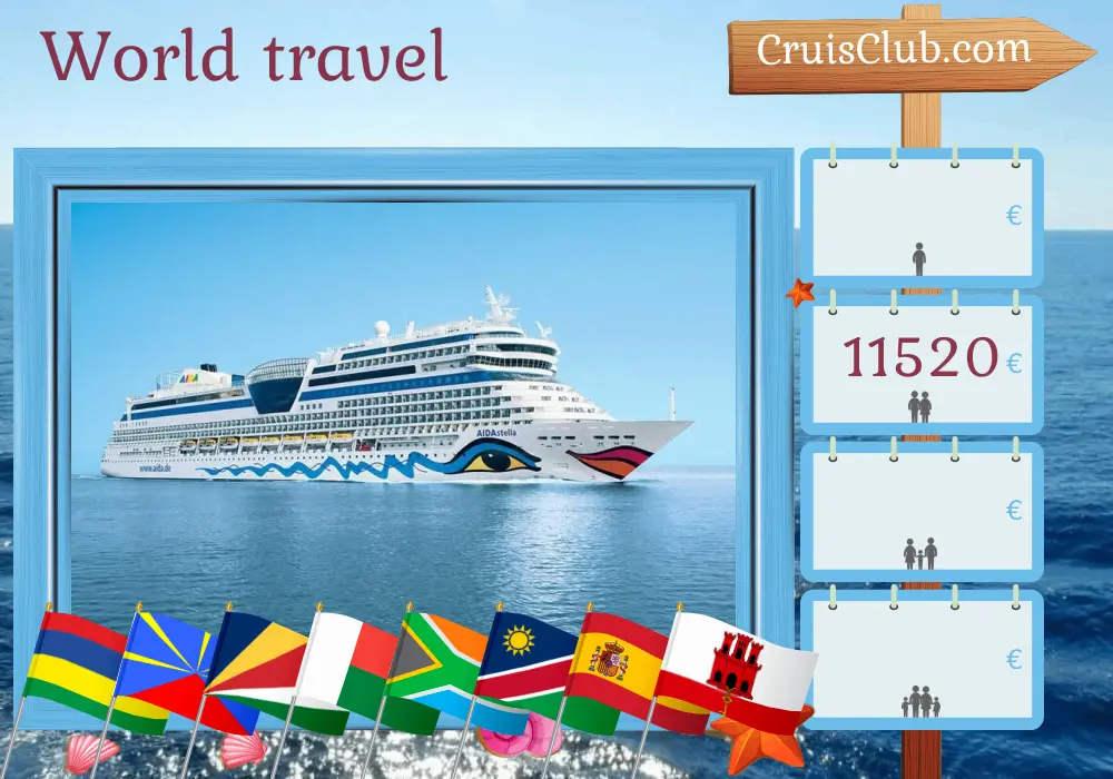 Kreuzfahrt Weltreise von Port Louis nach Palma an Bord des Schiffes AIDAstella mit Besuchen in Mauritius, Réunion, Seychellen, Madagaskar, Südafrika, Namibia, Spanien und Gibraltar für 42 Tage