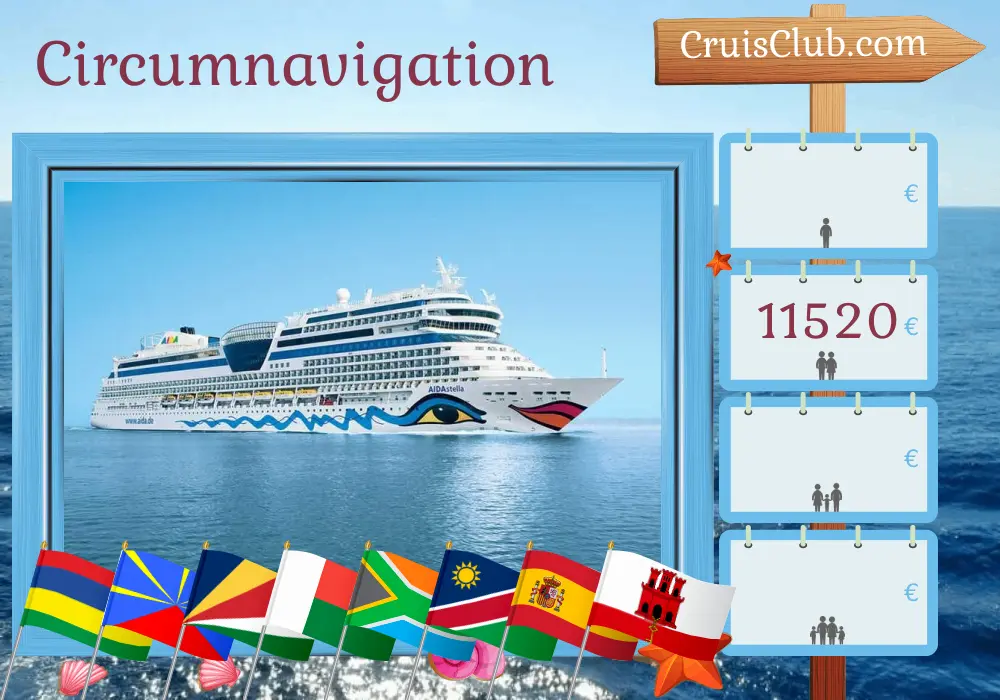 Croisière dans le Monde de Port Louis à Palma à bord du navire AIDAstella avec des visites à Maurice, La Réunion, les Seychelles, Madagascar, l`Afrique du Sud, la Namibie, l`Espagne et Gibraltar pendant 42 jours