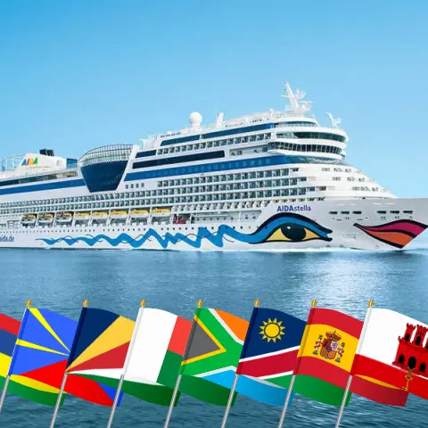 Cruise in the World trip from Port Louis to Palma aboard AIDAstella ship with visits to Mauritius, Réunion, Seychelles, Madagascar, South Africa, Namibia, Spain, and Gibraltar for 42 days