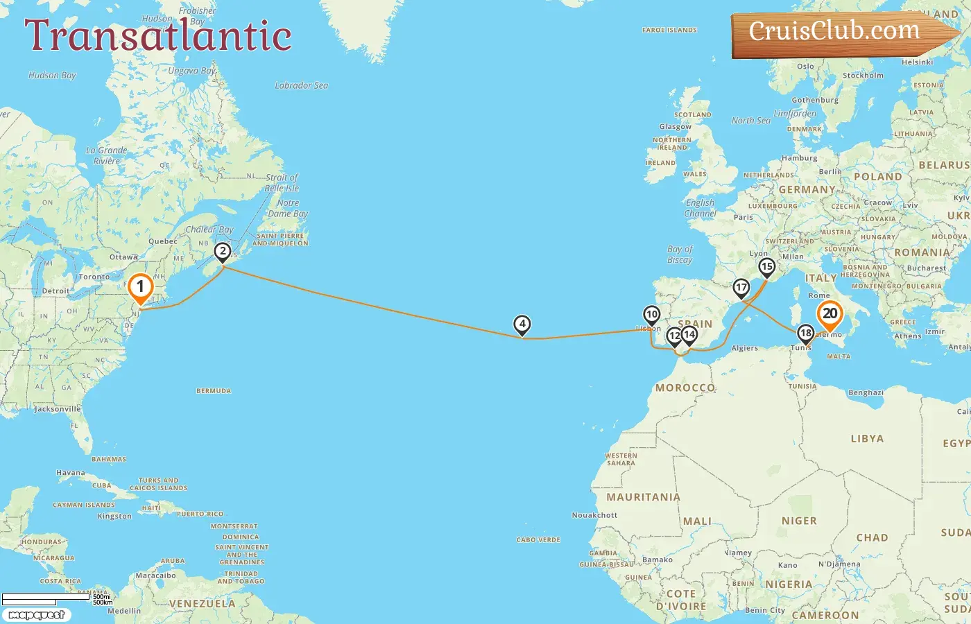Cruise in the Transatlantic from New York to Palermo aboard MSC Meraviglia ship with visits to USA, Canada, Portugal, Spain, France, Tunisia, and Italy for 20 days
