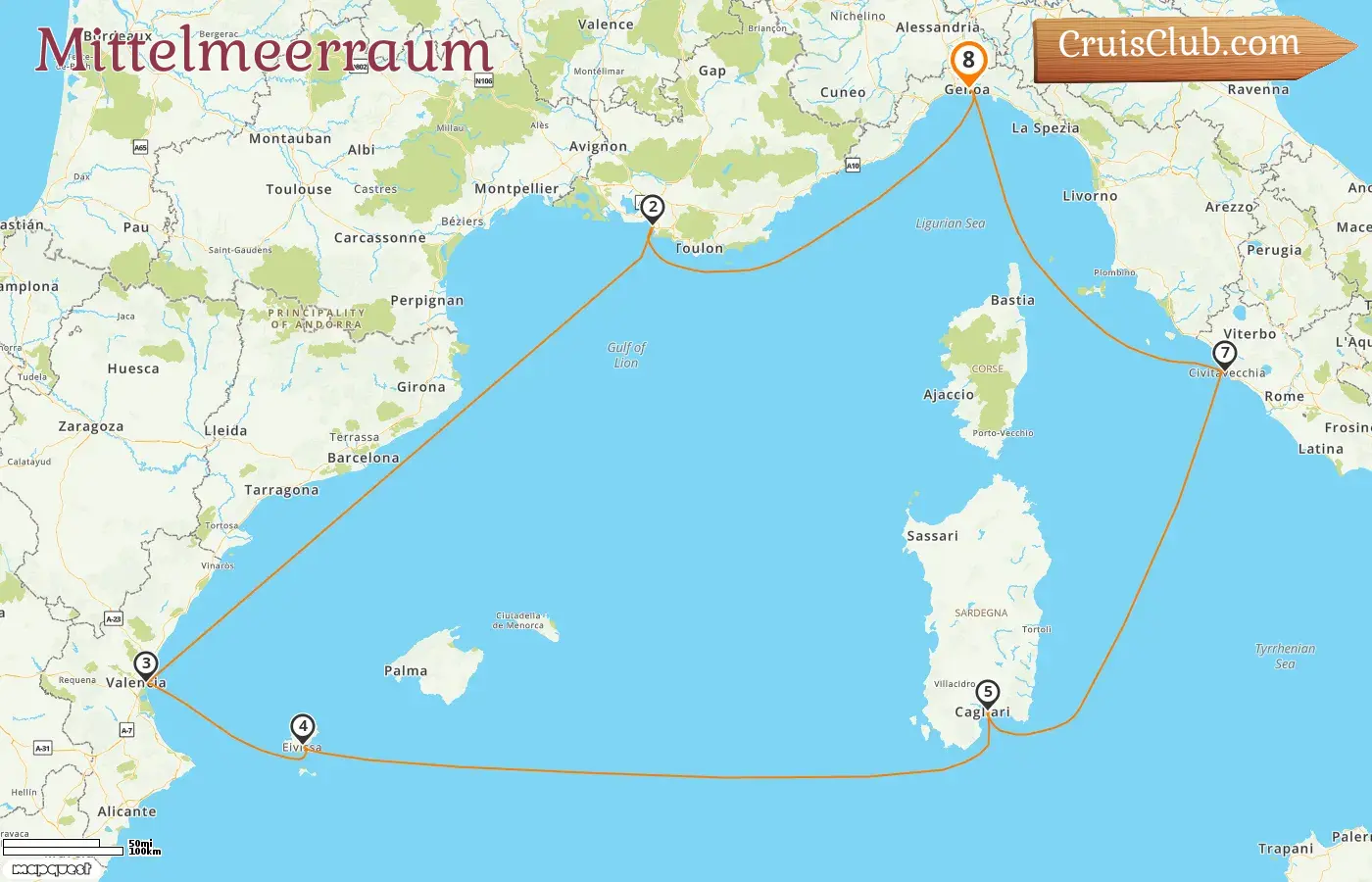 Kreuzfahrt im Mittelmeer ab Genua an Bord des Schiffes MSC Musica mit Stopps in Italien, Frankreich und Spanien für 8 Tage