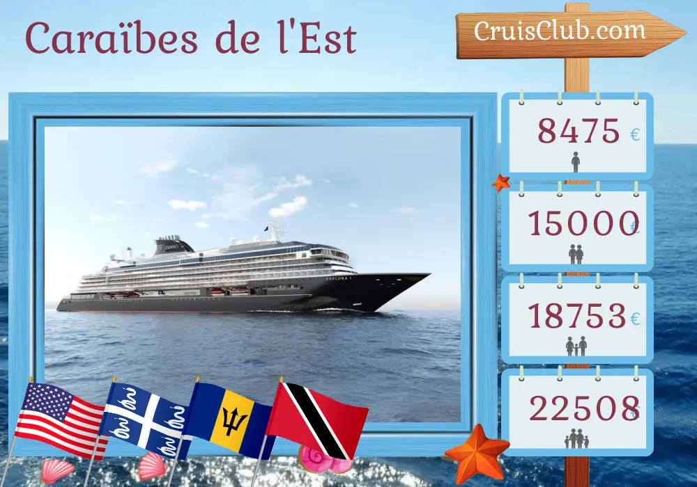 Croisière dans les Caraïbes orientales au départ de Miami à bord du navire EXPLORA I avec des visites aux États-Unis, à Porto Rico, à la Martinique, à Saint-Vincent et Grenadines, à la Barbade ainsi qu`à Trinidad et Tobago pendant 18 jours