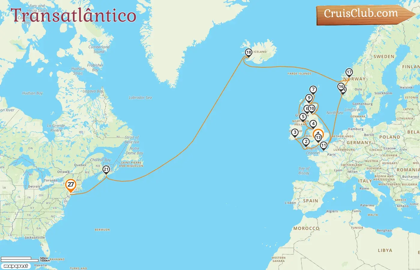 Cruzeiro no Transatlântico de Southampton para Nova Iorque a bordo do navio Majestic Princess com visitas à Irlanda, França, Noruega, Canadá e EUA por 27 dias