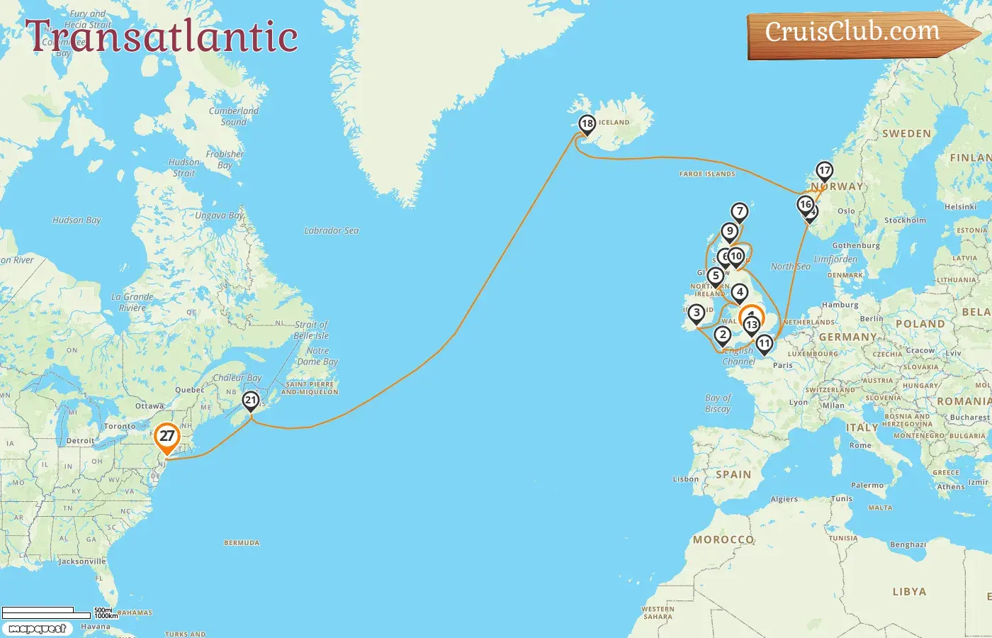 Cruise in the Transatlantic from Southampton to New York aboard Majestic Princess ship with visits to Ireland, France, Norway, Canada, and USA for 27 days