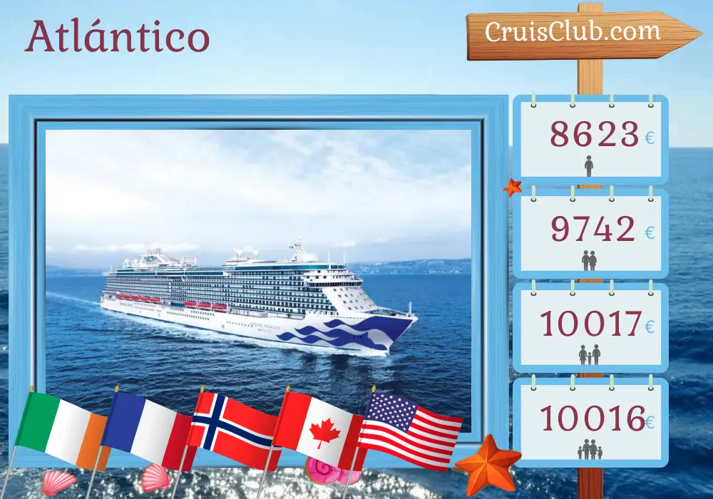 Crucero Transatlántico desde Southampton a Nueva York a bordo del barco Majestic Princess con visitas a Irlanda, Francia, Noruega, Canadá y EE. UU. durante 27 días