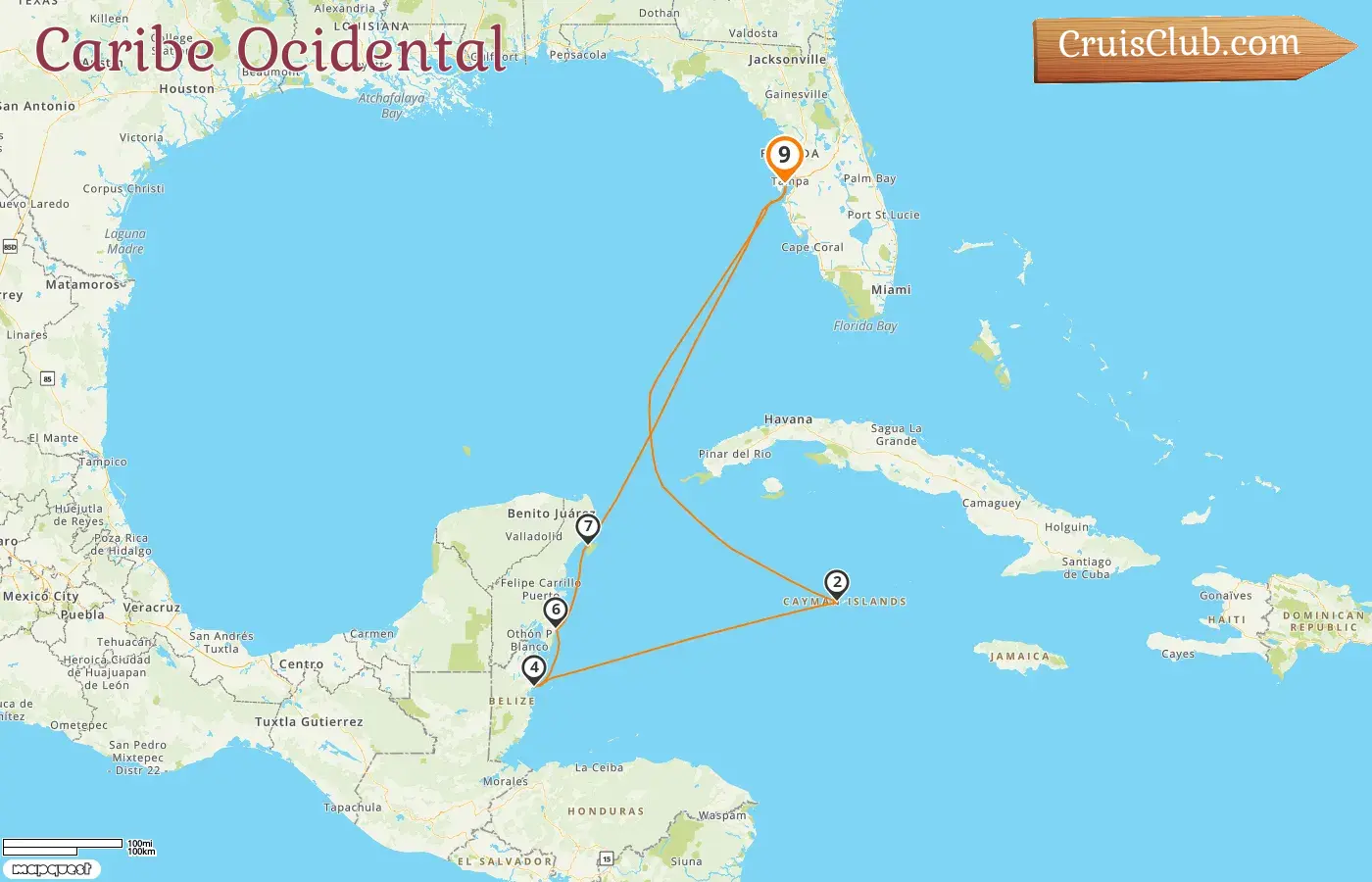 Cruzeiro no Caribe Ocidental de Tampa a bordo do navio Rhapsody of the Seas com visitas aos EUA, Ilhas Cayman, Belize e México por 9 dias