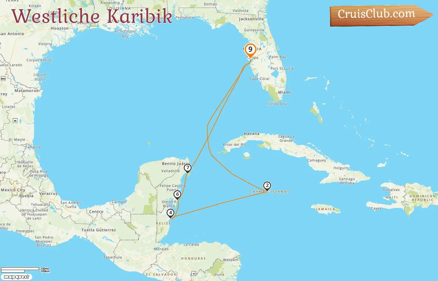 Kreuzfahrt in der westlichen Karibik ab Tampa an Bord des Schiffes Rhapsody of the Seas mit Stopps in den USA, Kaimaninseln, Belize und Mexiko für 9 Tage