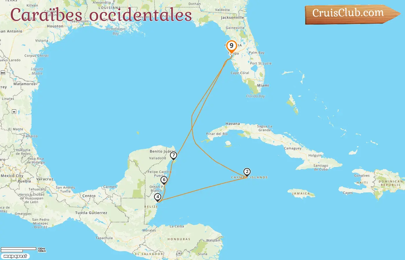 Croisière dans les Caraïbes occidentales au départ de Tampa à bord du navire Rhapsody of the Seas avec des escales aux États-Unis, aux îles Caïmans, au Belize et au Mexique pendant 9 jours