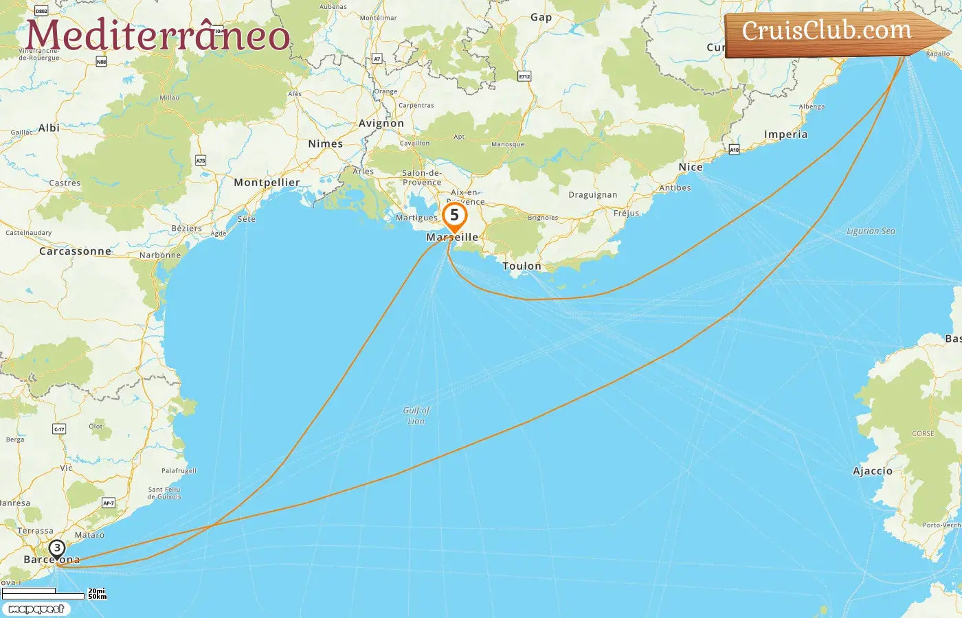 Cruzeiro no Mediterrâneo a partir de Marselha a bordo do navio Costa Favolosa com visitas à França, Itália e Espanha por 5 dias