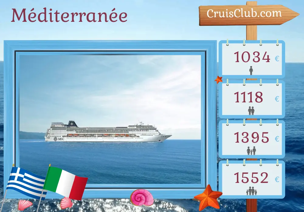 Croisière en Méditerranée au départ du Pirée à bord du navire MSC Sinfonia avec des escales en Grèce, en Turquie et en Italie pendant 8 jours