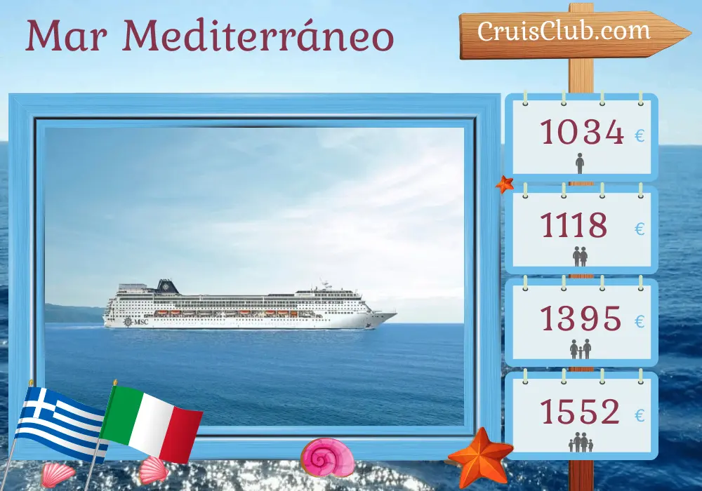Crucero en el Mediterráneo desde El Pireo a bordo del barco MSC Sinfonia con visitas a Grecia, Turquía e Italia durante 8 días