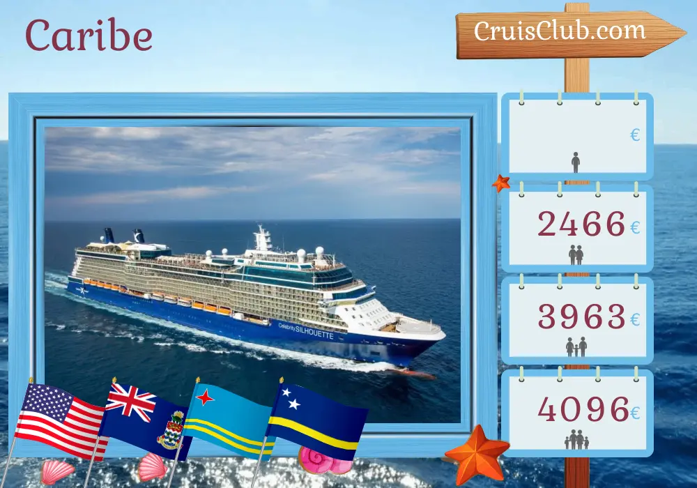 Cruzeiro pelo Caribe saindo de Fort Lauderdale a bordo do navio Celebrity Silhouette com visitas aos EUA, Ilhas Cayman, Aruba e Curaçao por 9 dias