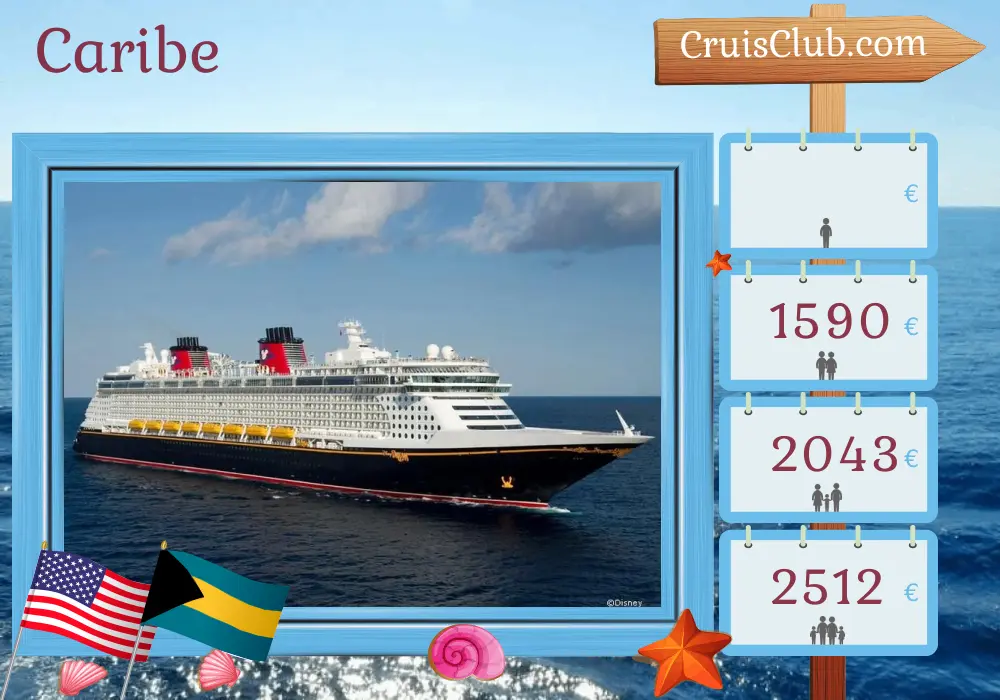 Crucero por el Caribe desde Puerto Cañaveral / Orlando a bordo del barco Disney Fantasy con visitas a Estados Unidos y Bahamas por 4 días