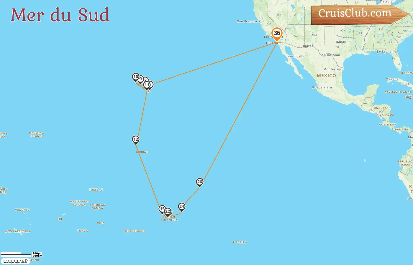 Croisière dans le Pacifique Sud au départ de San Diego à bord du navire Nieuw Amsterdam avec des escales aux États-Unis, aux Kiribati et en Polynésie française pendant 36 jours