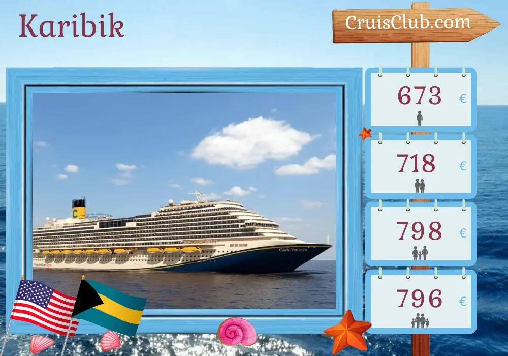 Kreuzfahrt in der Karibik ab Port Canaveral / Orlando an Bord des Schiffes Carnival Venezia mit Besuchen in den USA und den Bahamas für 4 Tage