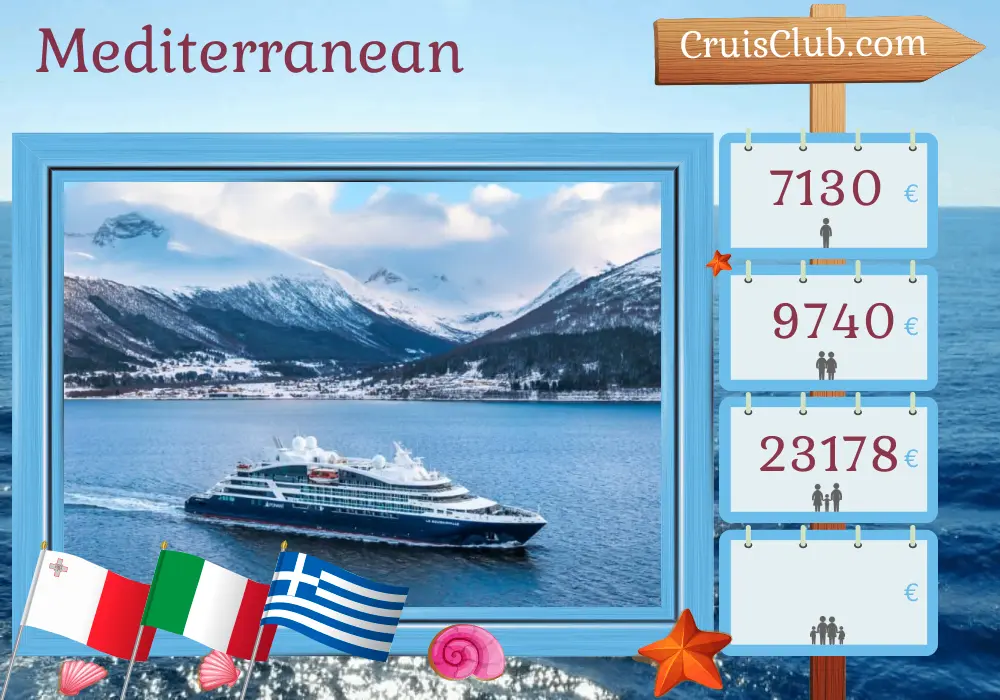 Cruise in the Mediterranean from Valletta to Piraeus aboard Le Bougainville ship with visits to Malta, Italy, and Greece for 8 days