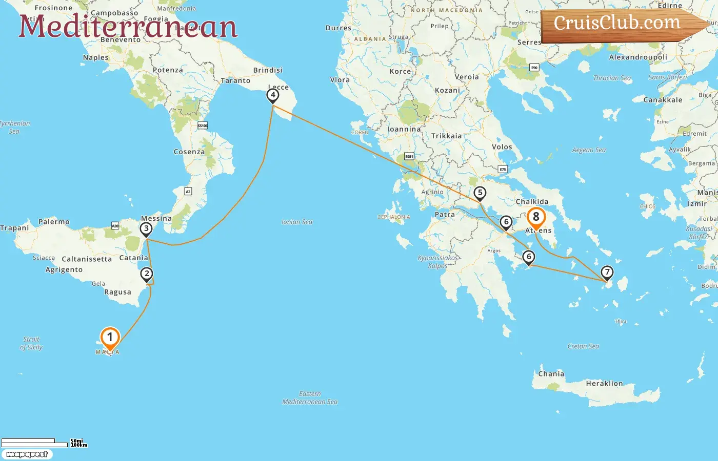 Cruise in the Mediterranean from Valletta to Piraeus aboard Le Bougainville ship with visits to Malta, Italy, and Greece for 8 days
