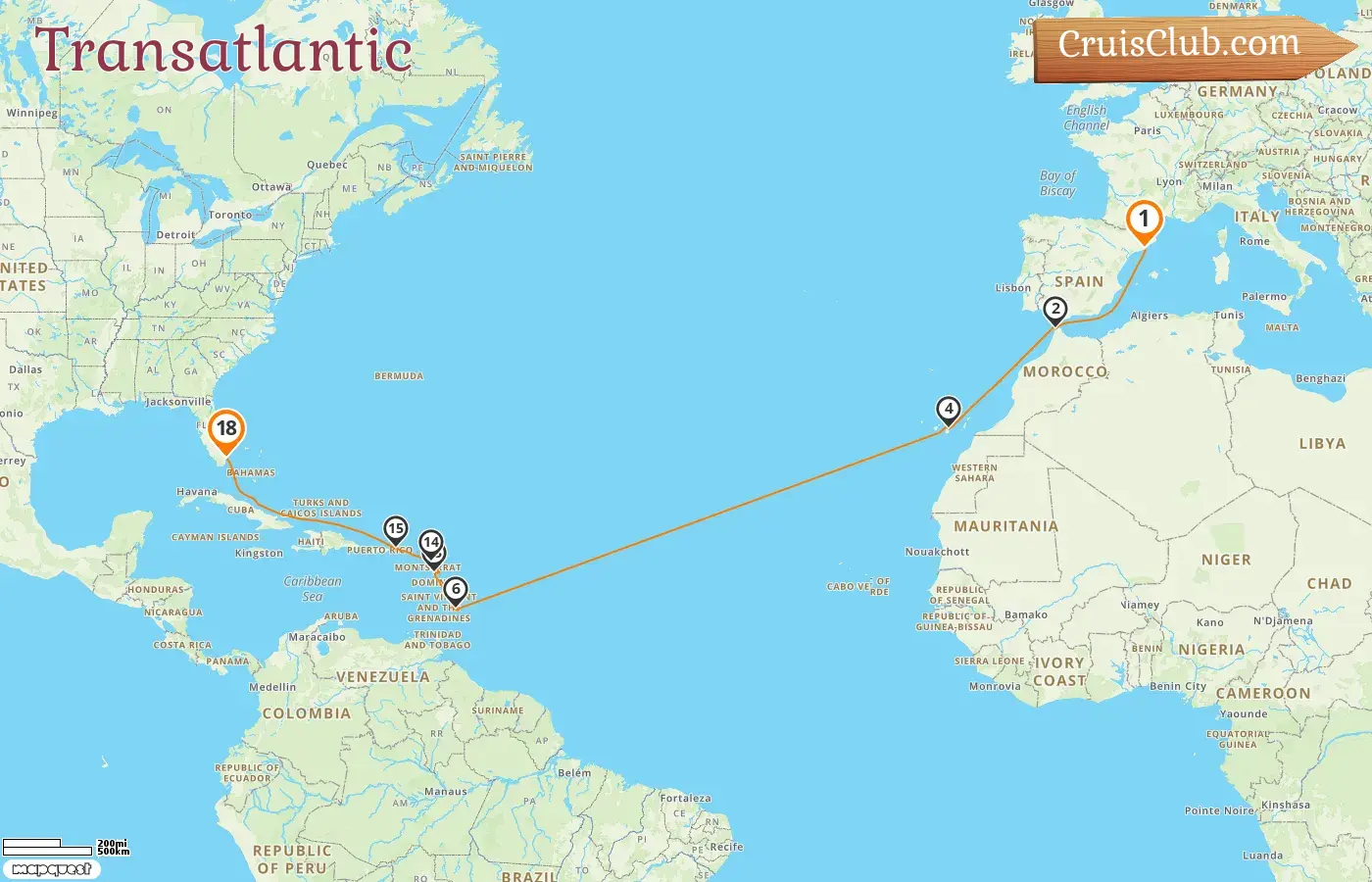Cruise in the Transatlantic from Barcelona to Miami aboard EXPLORA II ship with visits to Spain, Morocco, Barbados, Guadeloupe, and USA for 18 days