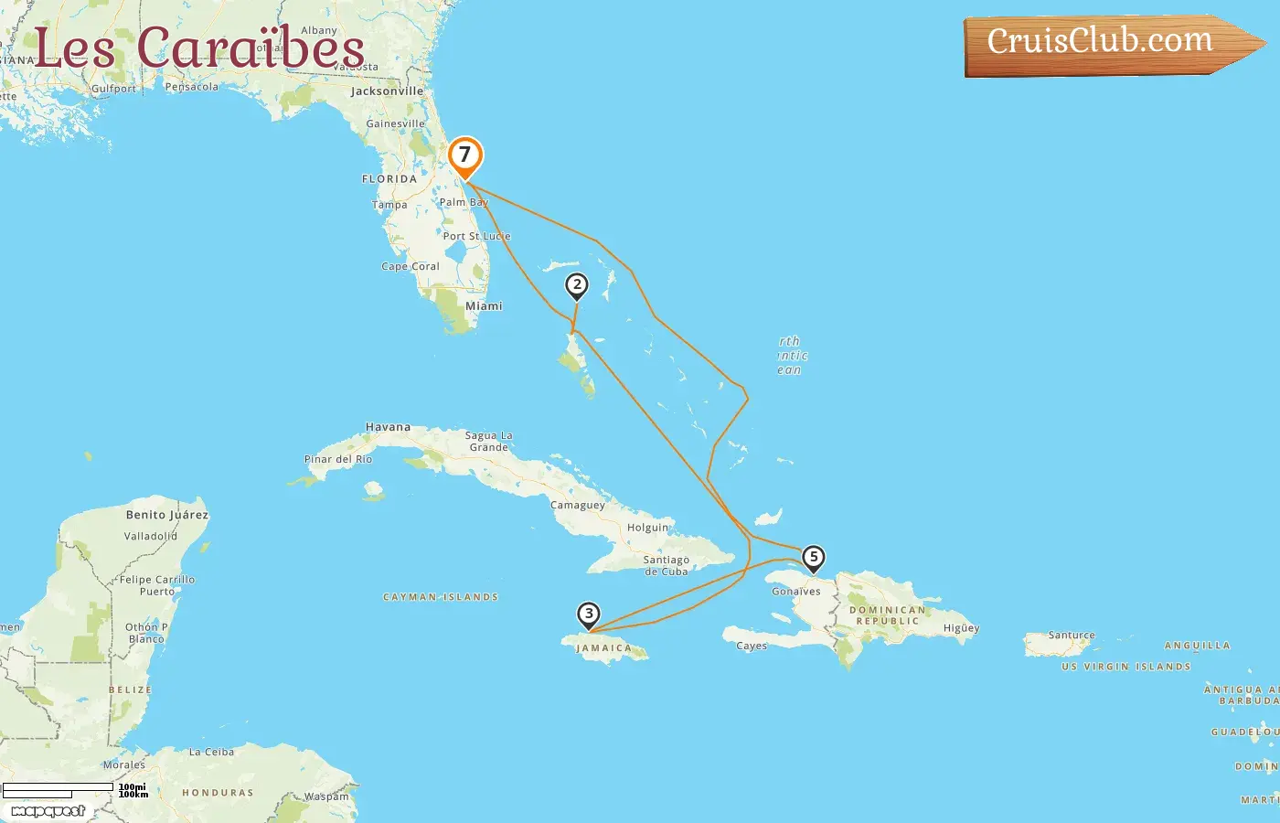 Croisière dans les Caraïbes au départ de Port Canaveral / Orlando à bord du navire Adventure of the Seas avec des escales aux États-Unis, aux Bahamas, en Jamaïque et en Haïti pendant 7 jours