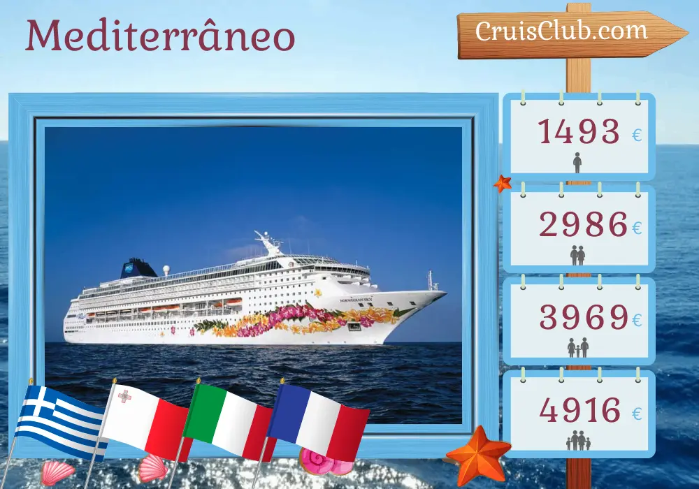 Cruzeiro no Mediterrâneo de Istambul a Civitavecchia a bordo do navio Norwegian Sky com visitas à Turquia, Grécia, Malta, Itália e França por 13 dias