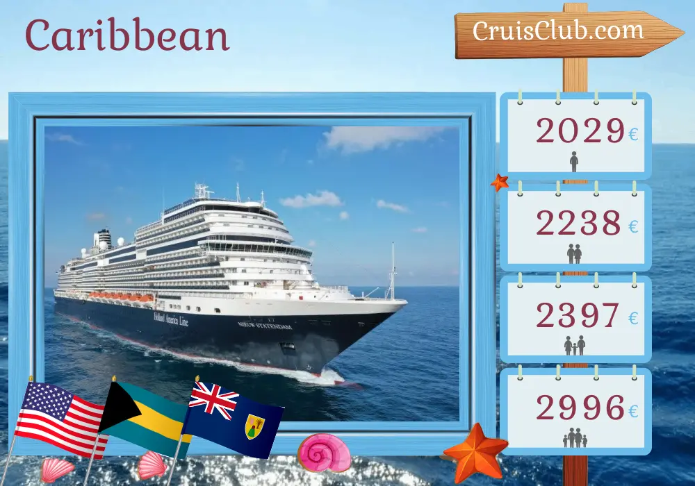 Cruise in the Caribbean from Fort Lauderdale aboard Nieuw Statendam ship with visits to USA, Bahamas, and Dominican Republic for 8 days