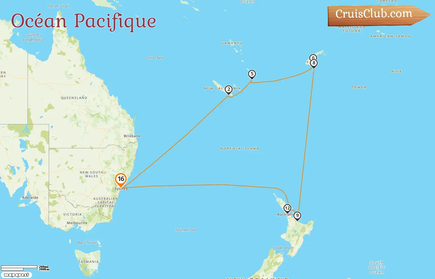 Croisière dans l`océan Pacifique au départ de Sydney à bord du navire Crown Princess avec des visites en Australie, Nouvelle-Calédonie, Vanuatu, Fidji et en Nouvelle-Zélande pendant 16 jours