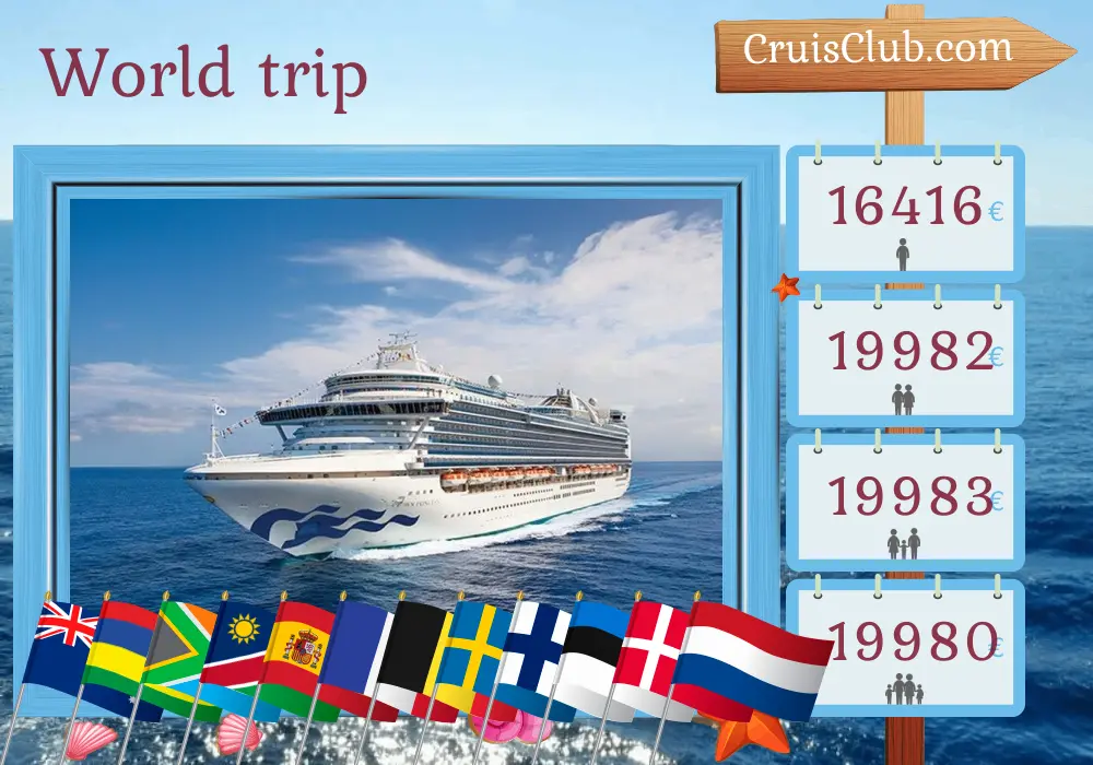 Cruise in the World trip from Sydney to Dover aboard Crown Princess ship with visits to Australia, Mauritius, South Africa, Namibia, Spain, Morocco, France, Belgium, Poland, Sweden, Finland, Estonia, Denmark, and Netherlands for 56 days
