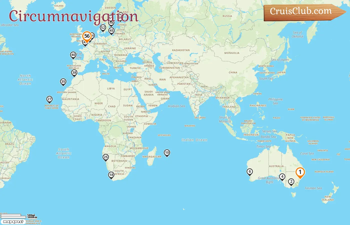 Croisière dans le monde de Sydney à Dover à bord du navire Crown Princess avec des visites en Australie, à Maurice, en Afrique du Sud, en Namibie, en Espagne, au Maroc, en France, en Belgique, en Pologne, en Suède, en Finlande, en Estonie, au Danemark et aux Pays-Bas pendant 56 jours