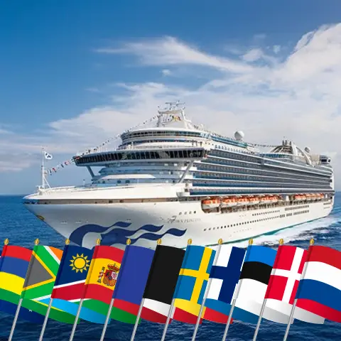 Cruise in the World trip from Sydney to Dover aboard Crown Princess ship with visits to Australia, Mauritius, South Africa, Namibia, Spain, Morocco, France, Belgium, Poland, Sweden, Finland, Estonia, Denmark, and Netherlands for 56 days