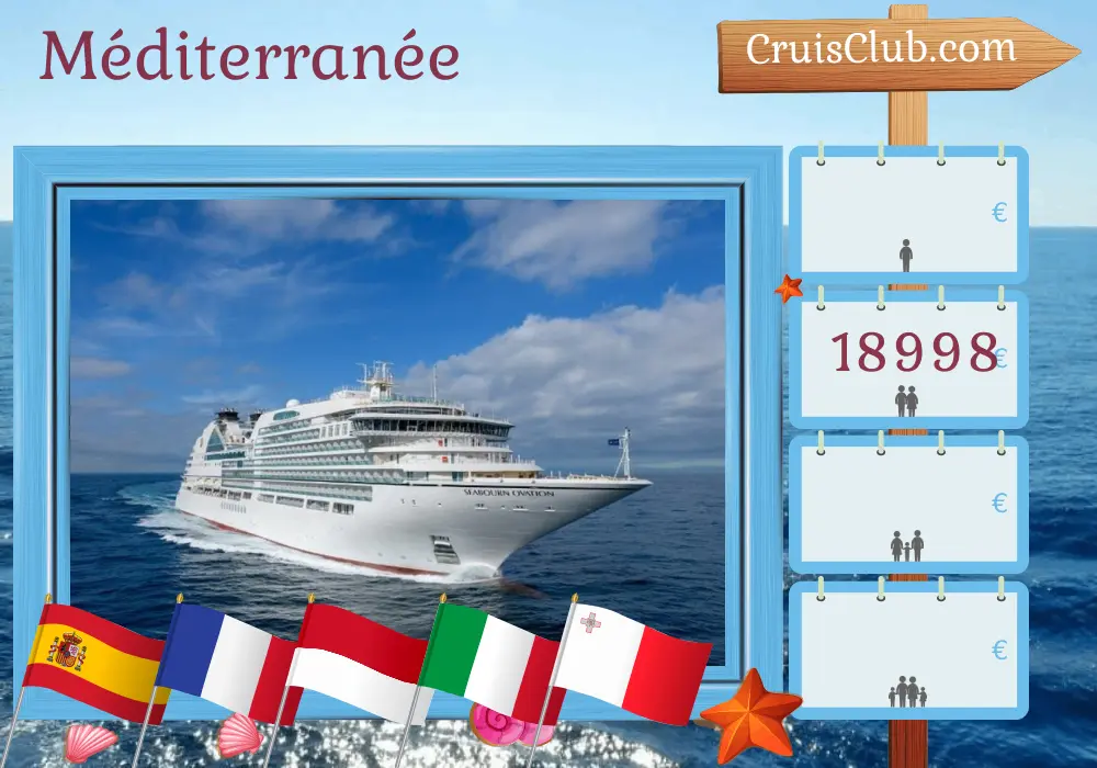 Croisière en Méditerranée au départ de Barcelone à bord du navire Seabourn Ovation avec escales en Espagne, France, Monaco, Italie, Malte et Tunisie pendant 21 jours