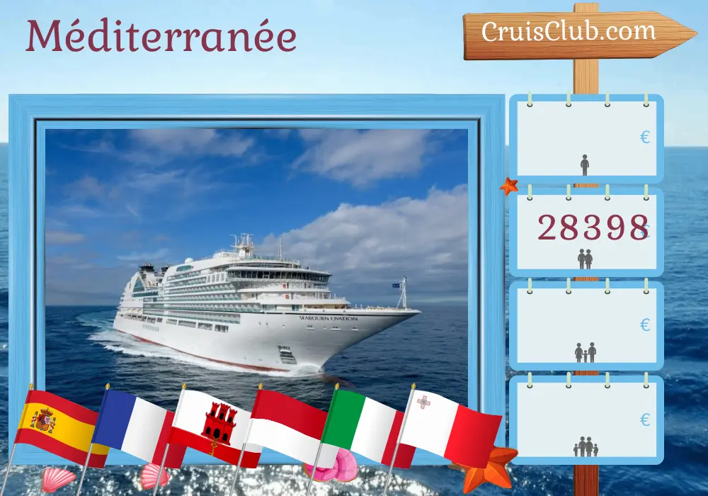 Croisière en Méditerranée depuis Barcelone à bord du navire Seabourn Ovation avec des visites en Espagne, France, Gibraltar, Maroc, Monaco, Italie, Malte et Tunisie pendant 31 jours