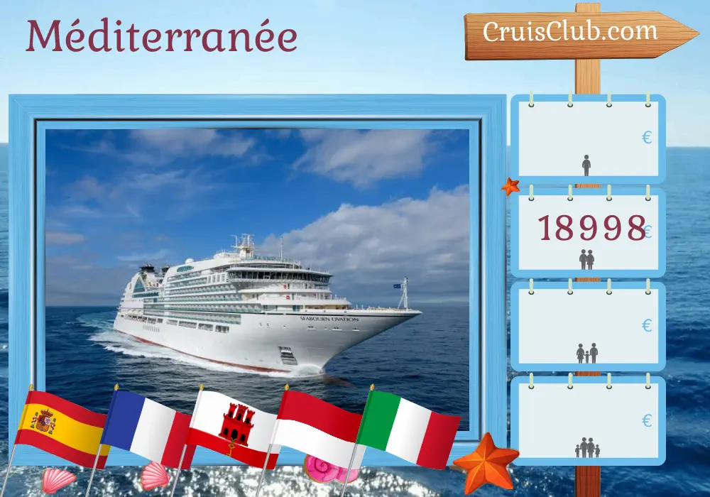 Croisière en Méditerranée de Barcelone à Civitavecchia à bord du navire Seabourn Ovation avec des visites en Espagne, en France, à Gibraltar, au Maroc, à Monaco et en Italie pendant 21 jours