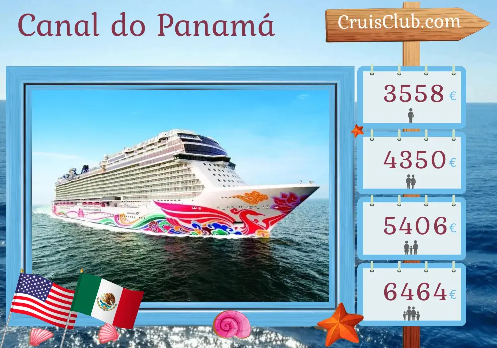 Cruzeiro no Canal do Panamá de Miami a Los Angeles a bordo do navio Norwegian Joy com visitas aos EUA, Colômbia, Panamá, Costa Rica, Guatemala e México por 16 dias