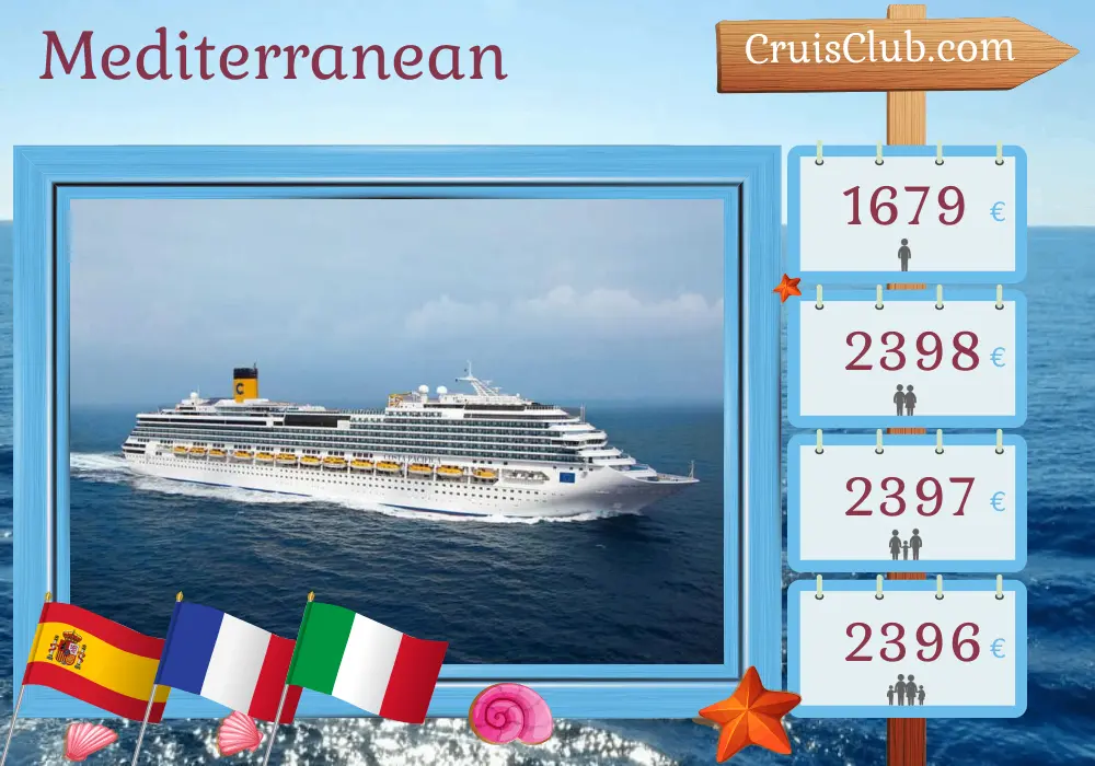 Mediterranean Cruise from Palma aboard Costa Pacifica ship with visits to Spain, France, and Italy for 8 days