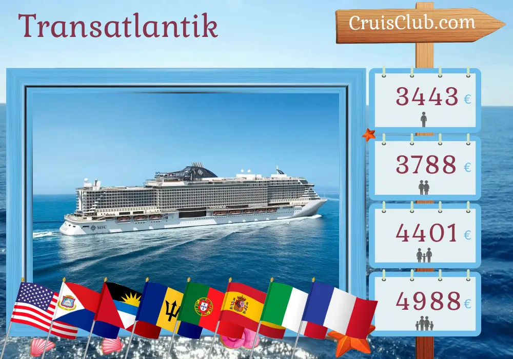 Kreuzfahrt im Transatlantik von Miami nach Barcelona an Bord des MSC Seaside-Schiffs mit Besuchen in den USA, Barbados, Portugal, Spanien, Italien und Frankreich für 24 Tage