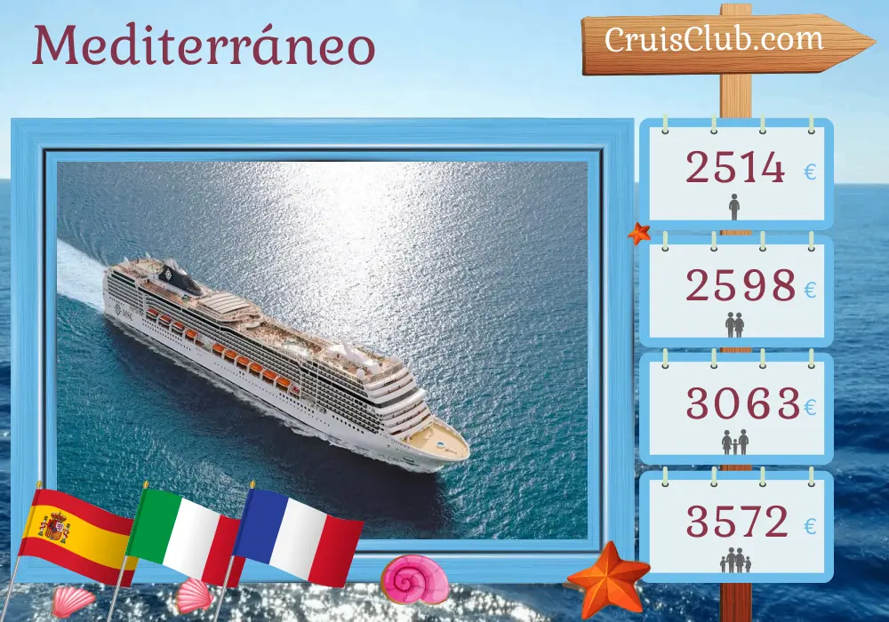 Cruise en el Mediterráneo desde Barcelona a bordo del barco MSC Magnifica con visitas a España, Italia y Francia por 8 días