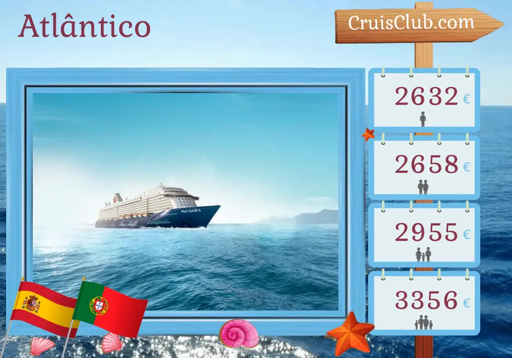 Cruzeiro no Atlântico com partida de Santa Cruz de Tenerife a bordo do navio Mein Schiff 5 com visitas à Espanha e Portugal por 15 dias