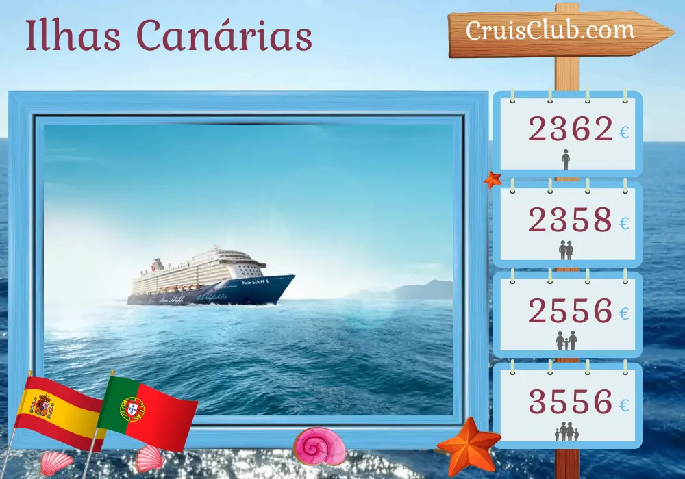 Cruzeiro nas Ilhas Canárias de Santa Cruz de Tenerife a bordo do navio Mein Schiff 5 com visitas à Espanha e Portugal por 15 dias